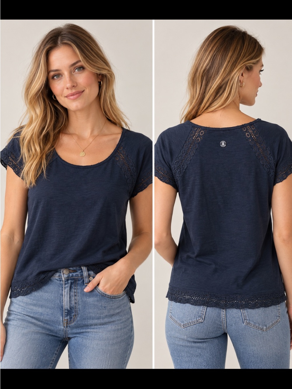 Barbour Malin Navy Blue Lace Trim Cotton Top Tee